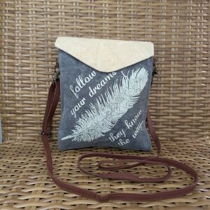 Primitives By Kathy Canvas Crossbody Bag Faux Leather Shoulder Strap Feathers